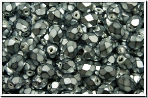 Bhm. Glasschliffperle, feuerpol., 4mm, black, op., heavy metal silver, 50 Stk.