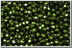 Bhm. Glasschliffperle, feuerpol., 3mm, black, op., heavy metal hunter green, 50 Stk.