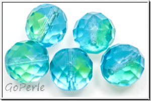 Bhm. Glasschliffperle, feuerpol., 12mm, aqua/green, trans., 5 Stk.