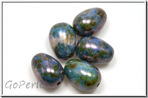 Bhm. Glasperle, Tropfen, lngs gebohrt, 11x8mm, white, op., blue/brown marbled, 5 Stk.