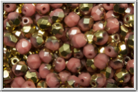 Bhm. Glasschliffperle, feuerpol., 4mm, rose, op., half brass, 50 Stk.