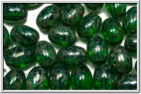 Bhm. Glasperle, Olive, 9x7mm, emerald, lt., trans., silver picasso, 5 Stk.