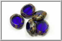 bhm. Glasperle, table cut, oval, 14x12mm, cobalt, trans., picasso, 5 Stk.