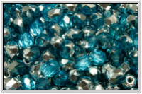 Bhm. Glasschliffperle, feuerpol., 4mm, aqua, med., trans., half silver, 50 Stk.