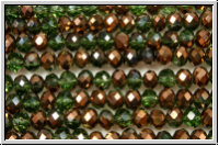 chin. Kristallschliffperle, Rondell, 3x4mm, green, trans., half copper met., 1 Strang