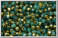 Bhm. Glasschliffperle, feuerpol., 3mm, turquoise, opal, half brass, 50 Stk.