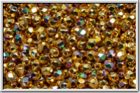 Bhm. Glasschliffperle, feuerpol., 3mm, crystal, trans., full 24kt gold plated, AB, 50 Stk.