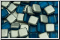 TILE-Beads, 6x6mm, capri blue, trans., half silver, matte, 25 Stk.