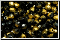 Bhm. Glasschliffperle, feuerpol., 4mm, black, op., half wax gold, 50 Stk.