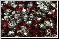 Bhm. Glasschliffperle, feuerpol., 4mm, siam, dk., trans., half silver, 50 Stk.