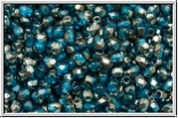 Bhm. Glasschliffperle, feuerpol., 3mm, capri blue, lt., trans., half chrome, 50 Stk.